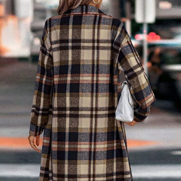 Navy Blue Elegant Women's Plaid Long Sleeve Button Up Shacket - Picture 3 of 4